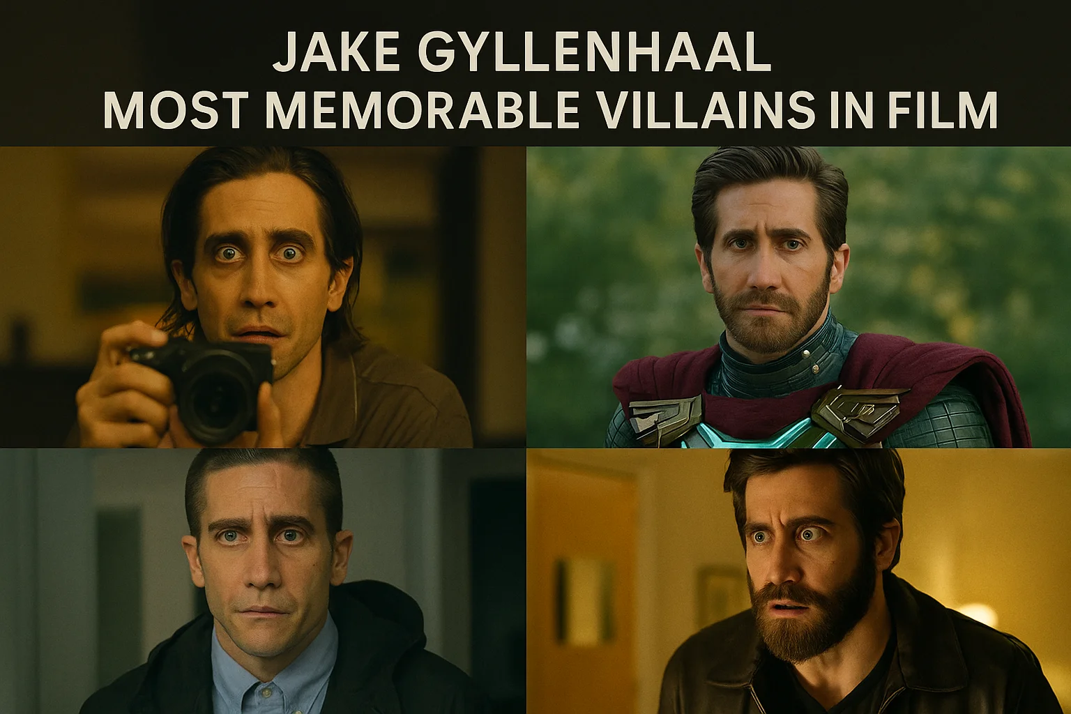 Jake Gyllenhaal in various villainous roles from his most iconic films, showcasing his dark and complex characters.