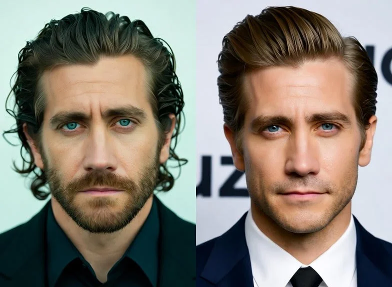 Jake Gyllenhaal showcasing two contrasting looks, reflecting his physical and emotional transformations for different film roles.
