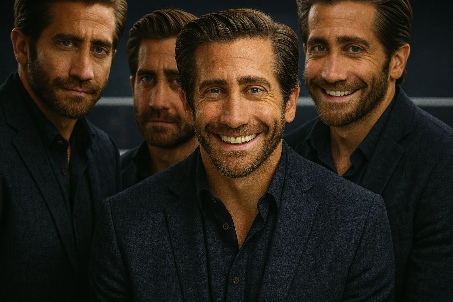 Jake Gyllenhaal smiling and posing in multiple expressions, representing his dynamic performances in dramatic films.