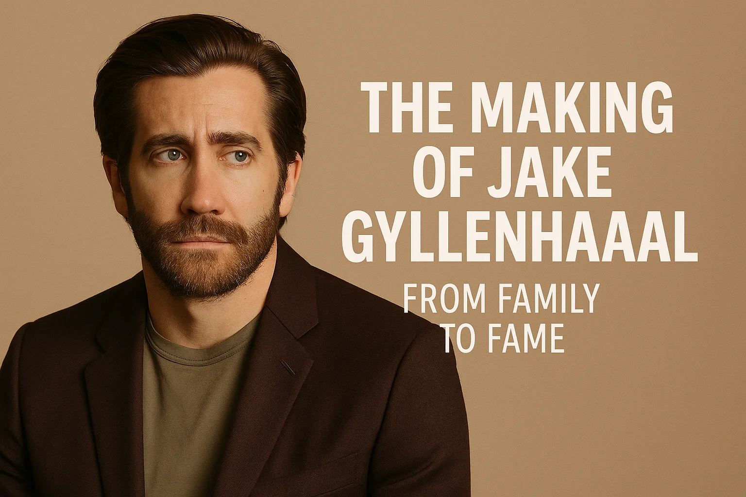 Jake Gyllenhaal posing against a beige background for a feature on his journey from family roots to Hollywood fame.