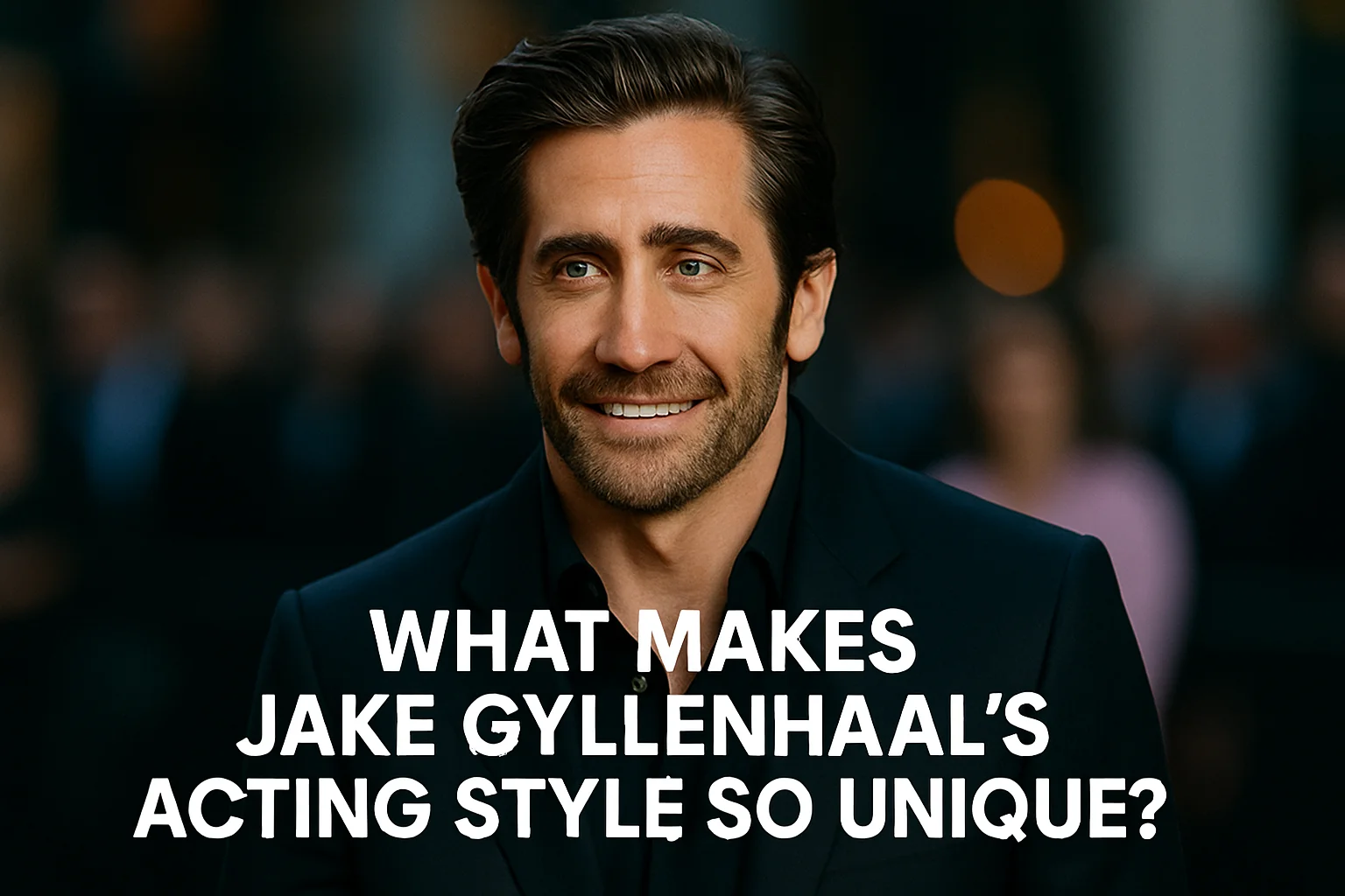 Jake Gyllenhaal smiling at an event, representing his unique and expressive acting style.