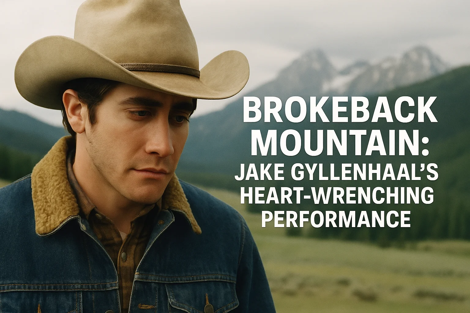 Jake Gyllenhaal in a cowboy hat from Brokeback Mountain, portraying a deeply emotional and reflective moment.