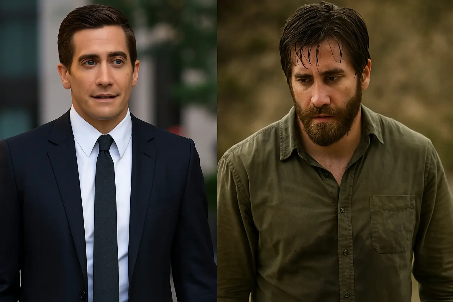 Jake Gyllenhaal displaying versatility through contrasting roles one polished and composed, the other rugged and introspective.