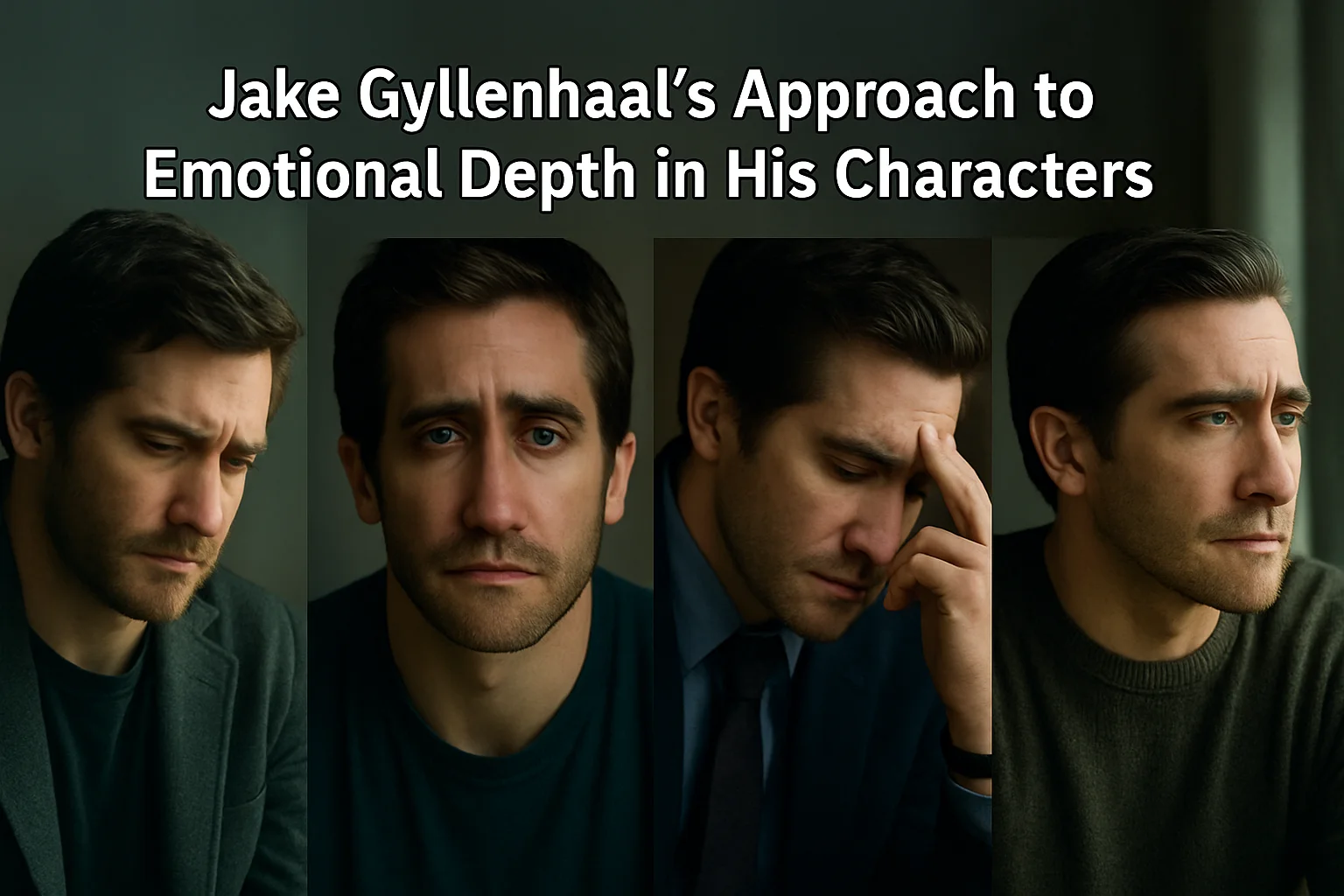 Jake Gyllenhaal expressing deep emotion in a series of portraits, representing his approach to emotional depth in acting.