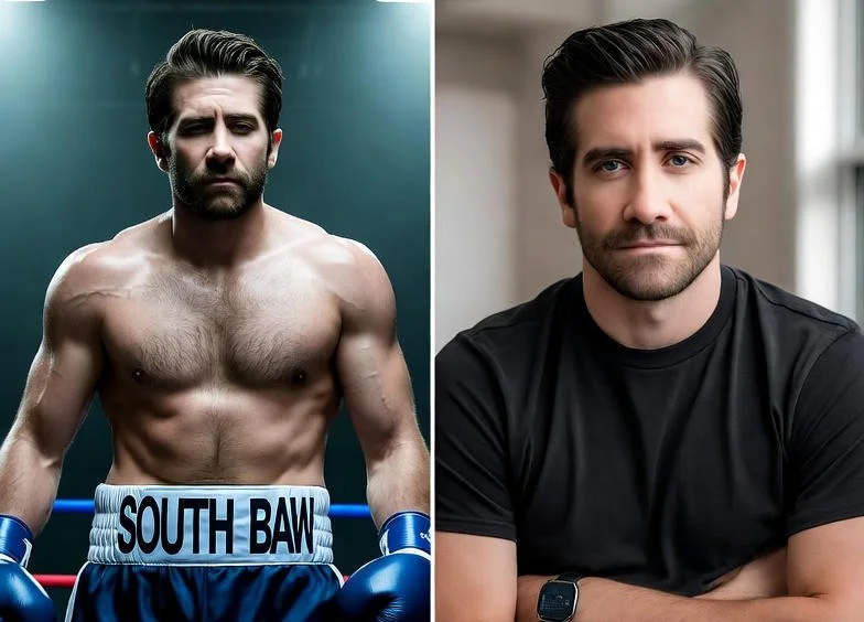 Jake Gyllenhaal in contrasting roles as a boxer in Southpaw and in a casual look showcasing his ability to portray complex real-life-inspired characters.