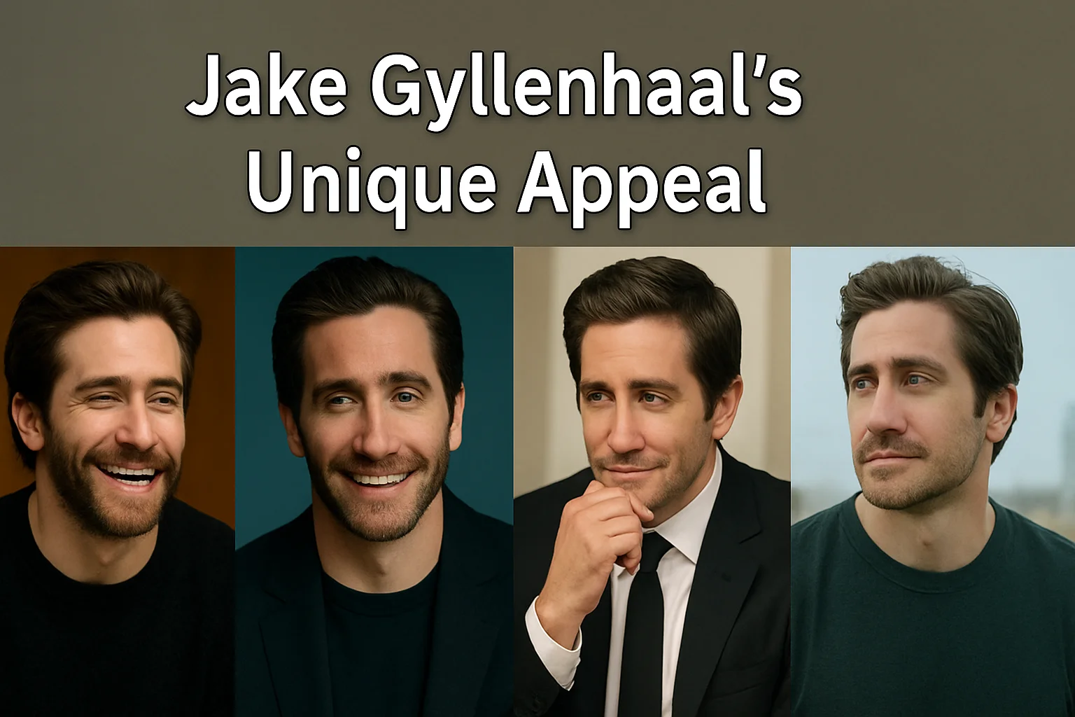 Jake Gyllenhaal smiling and posing in multiple portraits, representing his charm and emotional versatility that define his unique appeal.