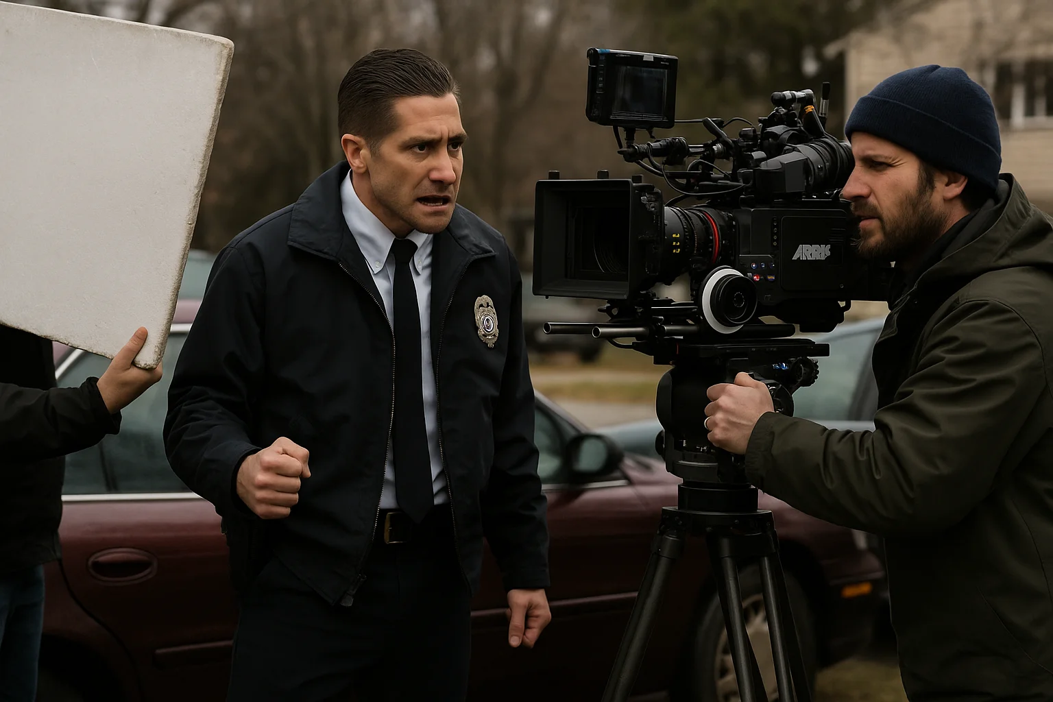 Jake Gyllenhaal filming an intense detective scene on set with the director operating a professional ARRI camera.