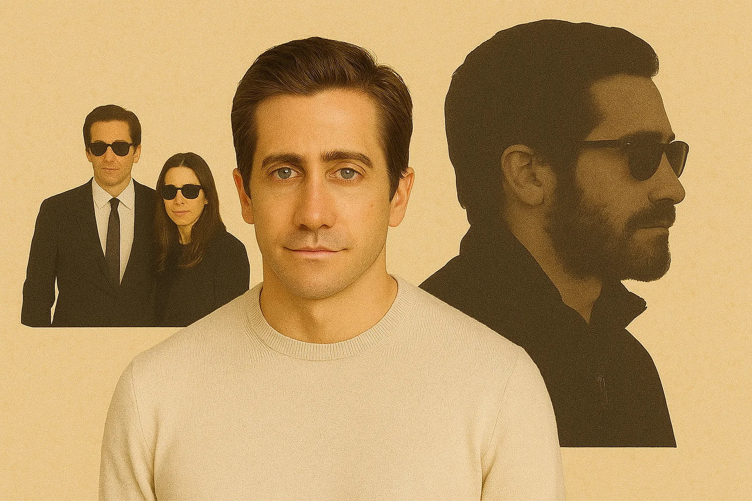 Collage of Jake Gyllenhaal featuring both clean-shaven and bearded looks, alongside a formal appearance with a woman in sunglasses.