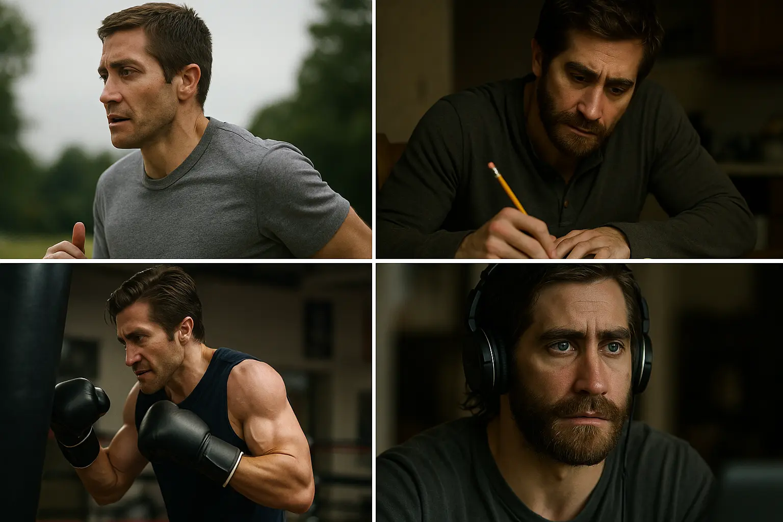 Jake Gyllenhaal training, writing, and focusing in preparation for his intense movie roles, showcasing his dedication to performance.