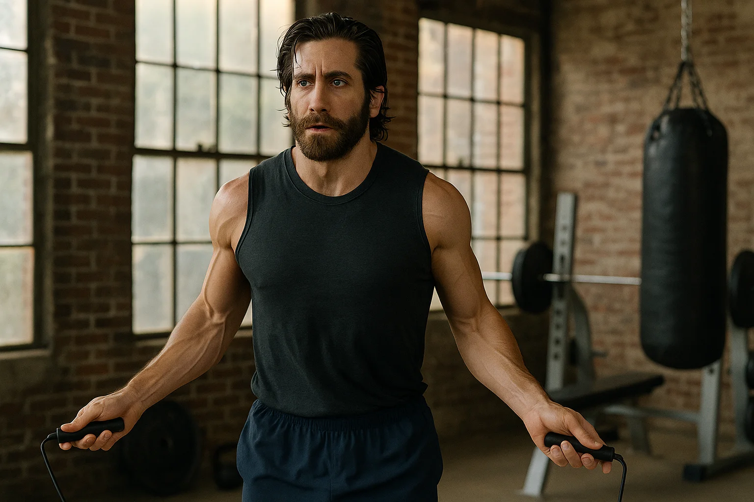 Jake Gyllenhaal training with a jump rope in a gym, showing his strong physique and workout intensity