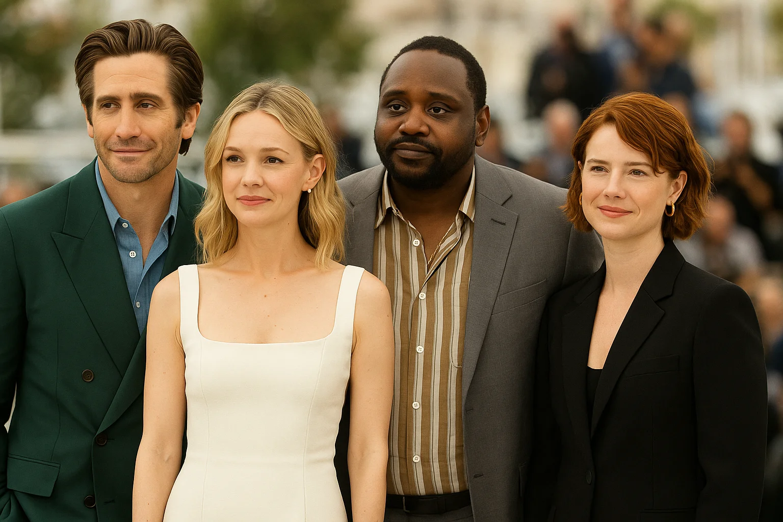 A group of four actors posing together outdoors in formal and semi-formal attire, symbolizing collaboration and ensemble performance.