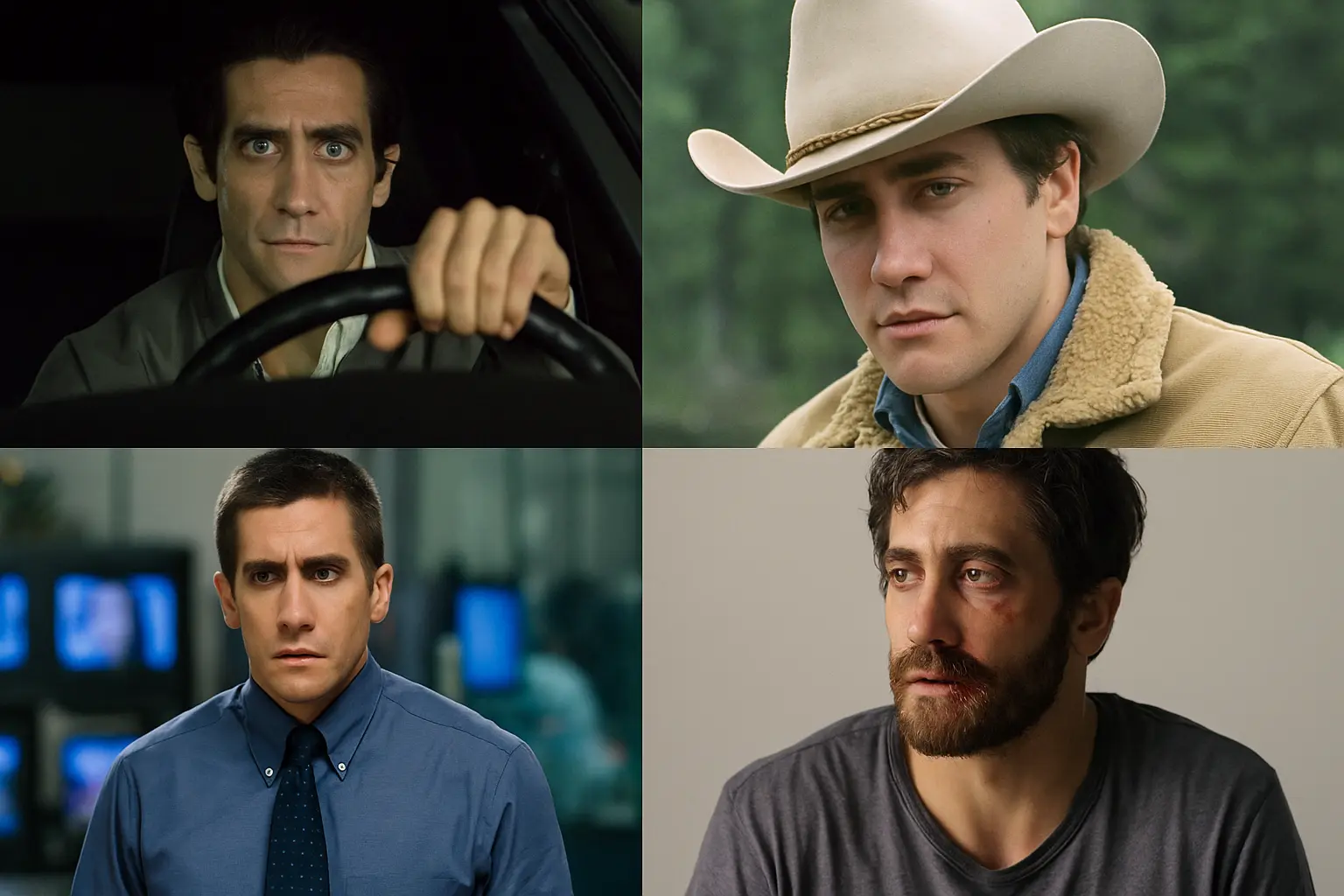 Jake Gyllenhaal in multiple film roles illustrating the evolution of his career and the diversity of his acting choices.