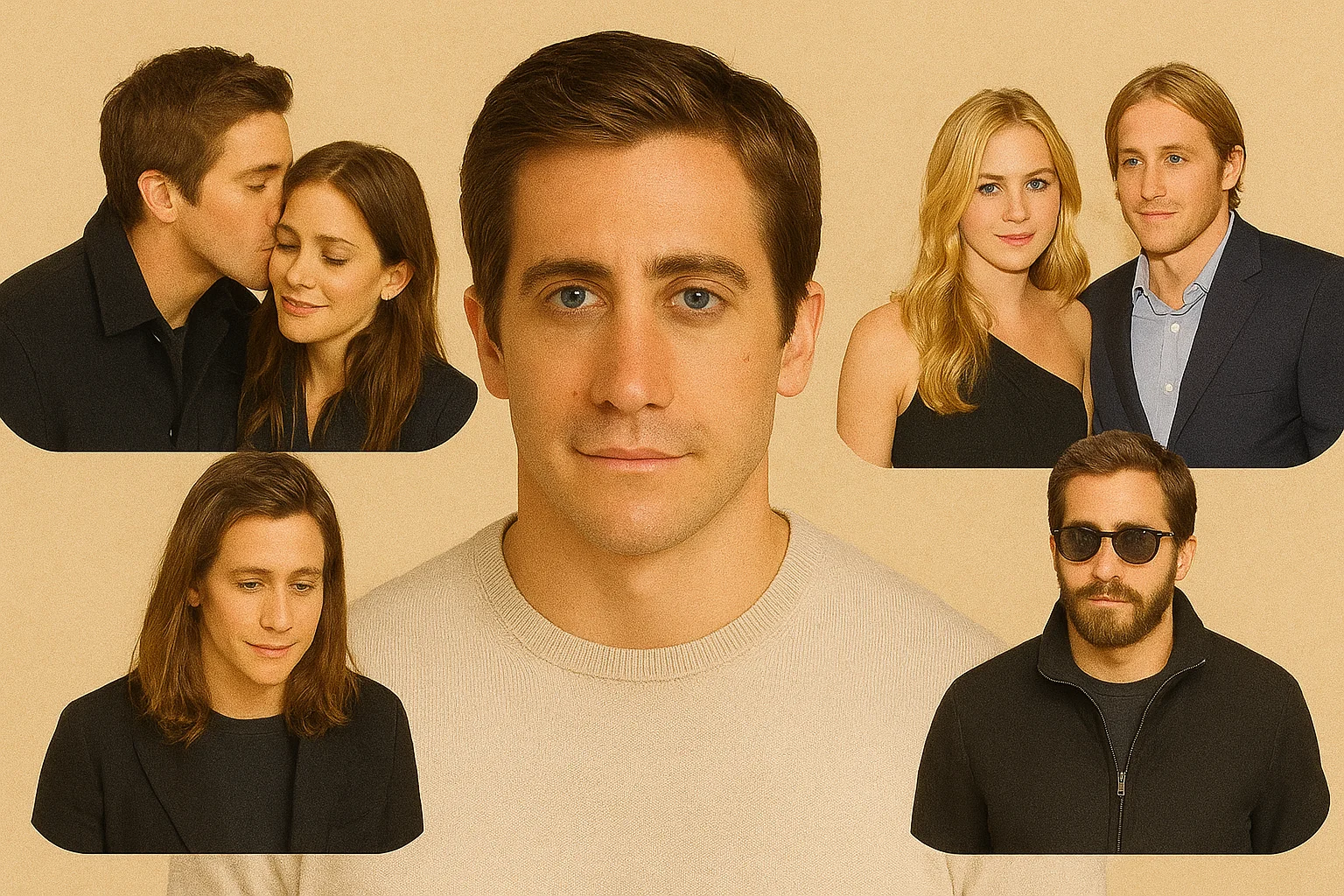 Collage of Jake Gyllenhaal displaying different looks and moments, including casual, formal, and emotional expressions.