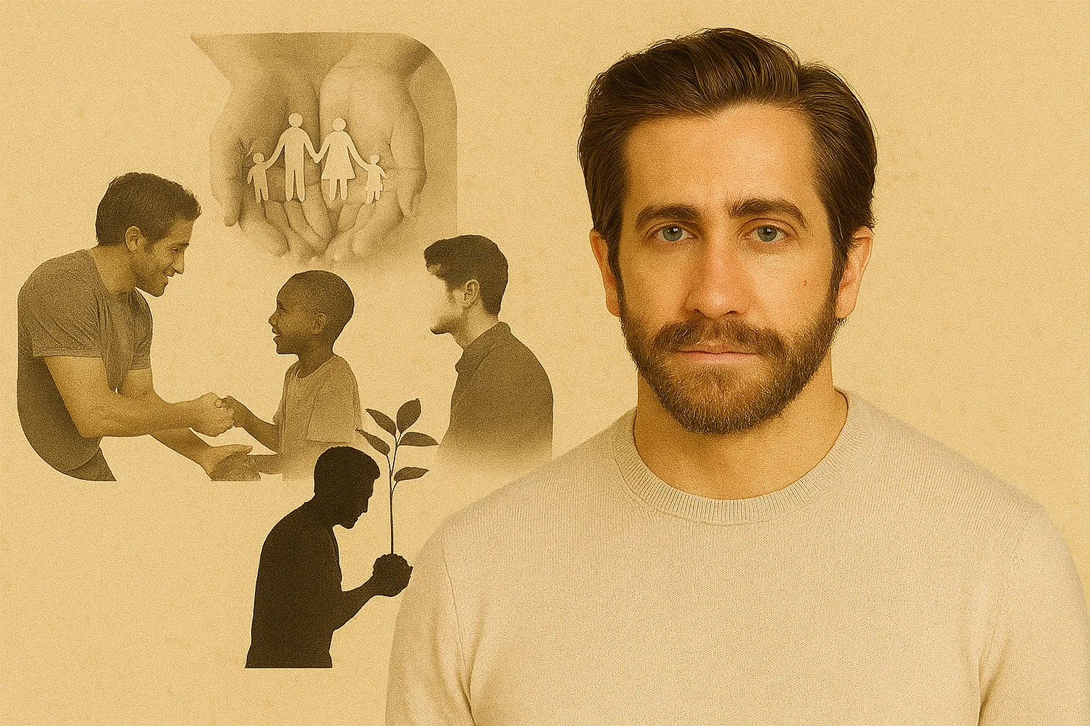 Collage of Jake Gyllenhaal paired with images symbolizing kindness, charity, and human connection, including handshakes and nurturing visuals.