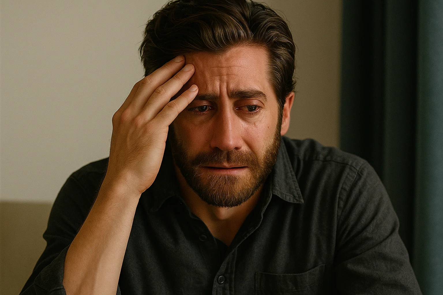 A man with a beard looks distressed, resting his hand on his forehead as he appears deep in thought or emotional pain.
