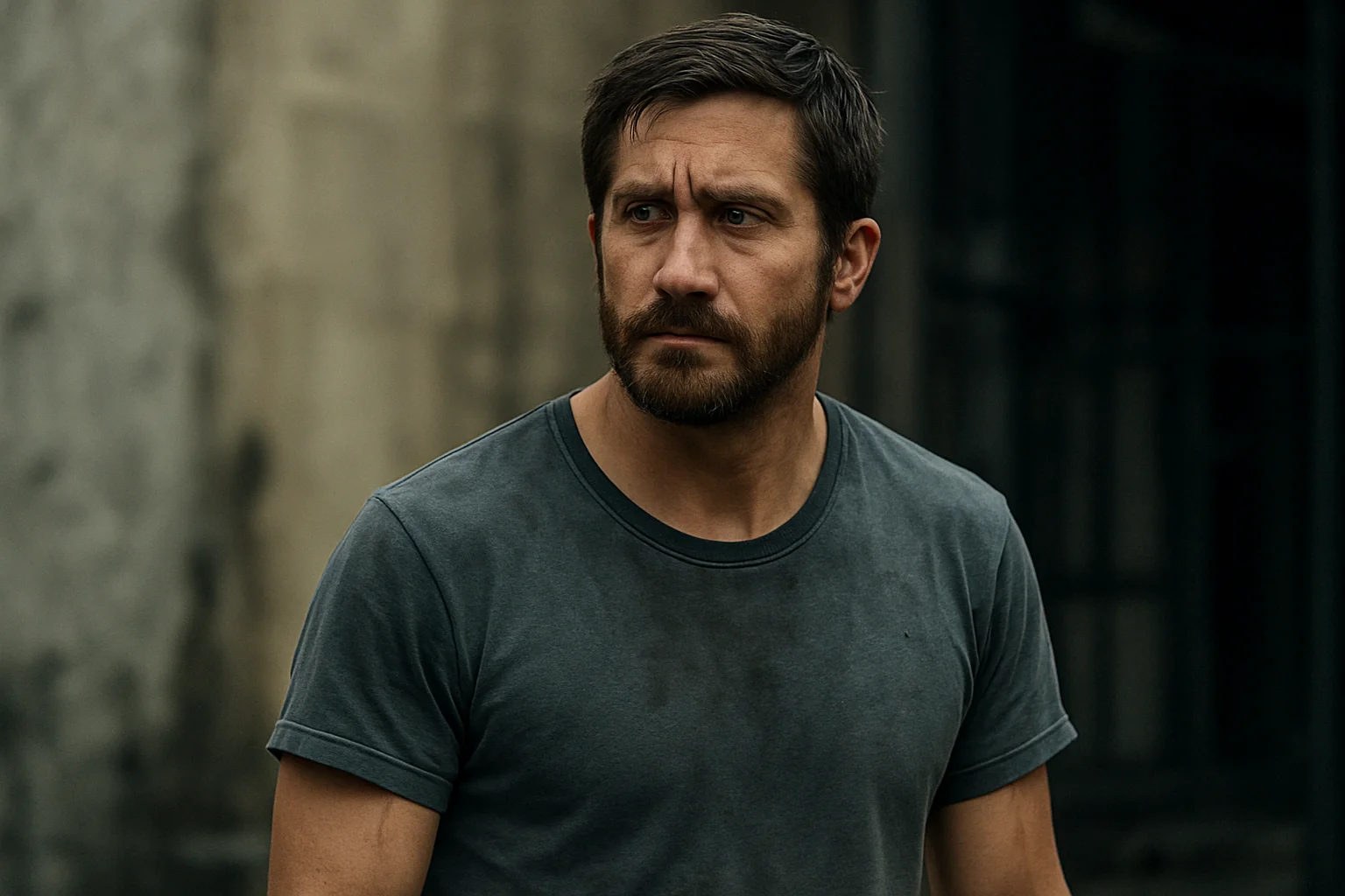 Serious man in a dark t-shirt standing outdoors with a focused expression