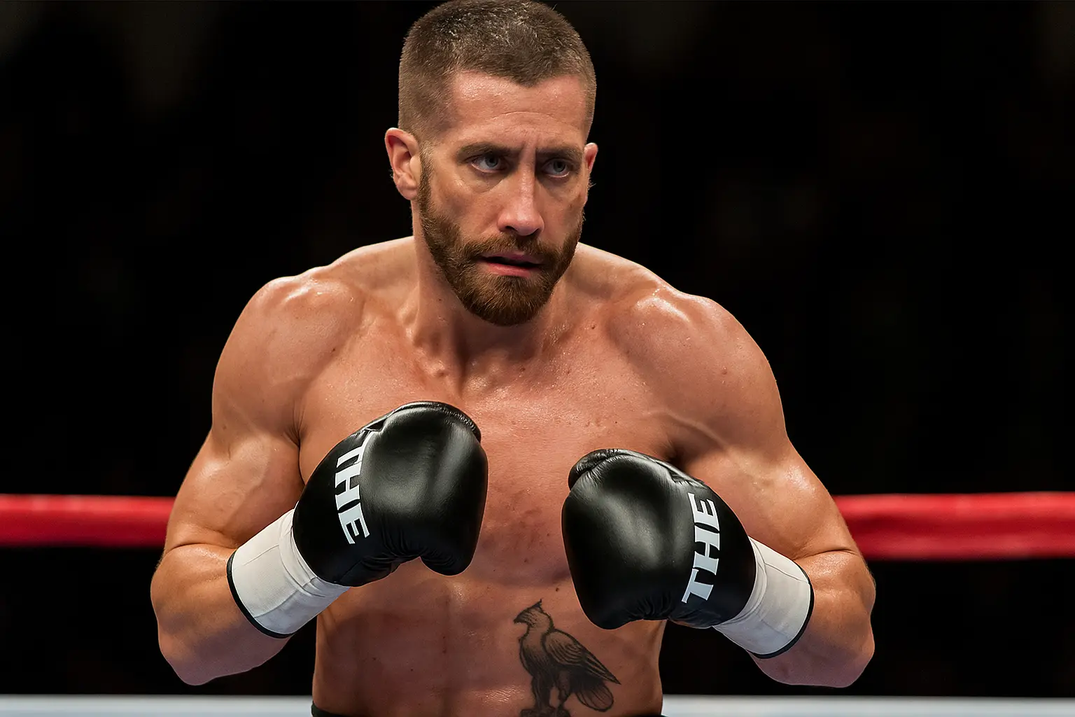 Jake Gyllenhaal in a boxing stance during an intense fight scene, showcasing his physical transformation for Southpaw.
