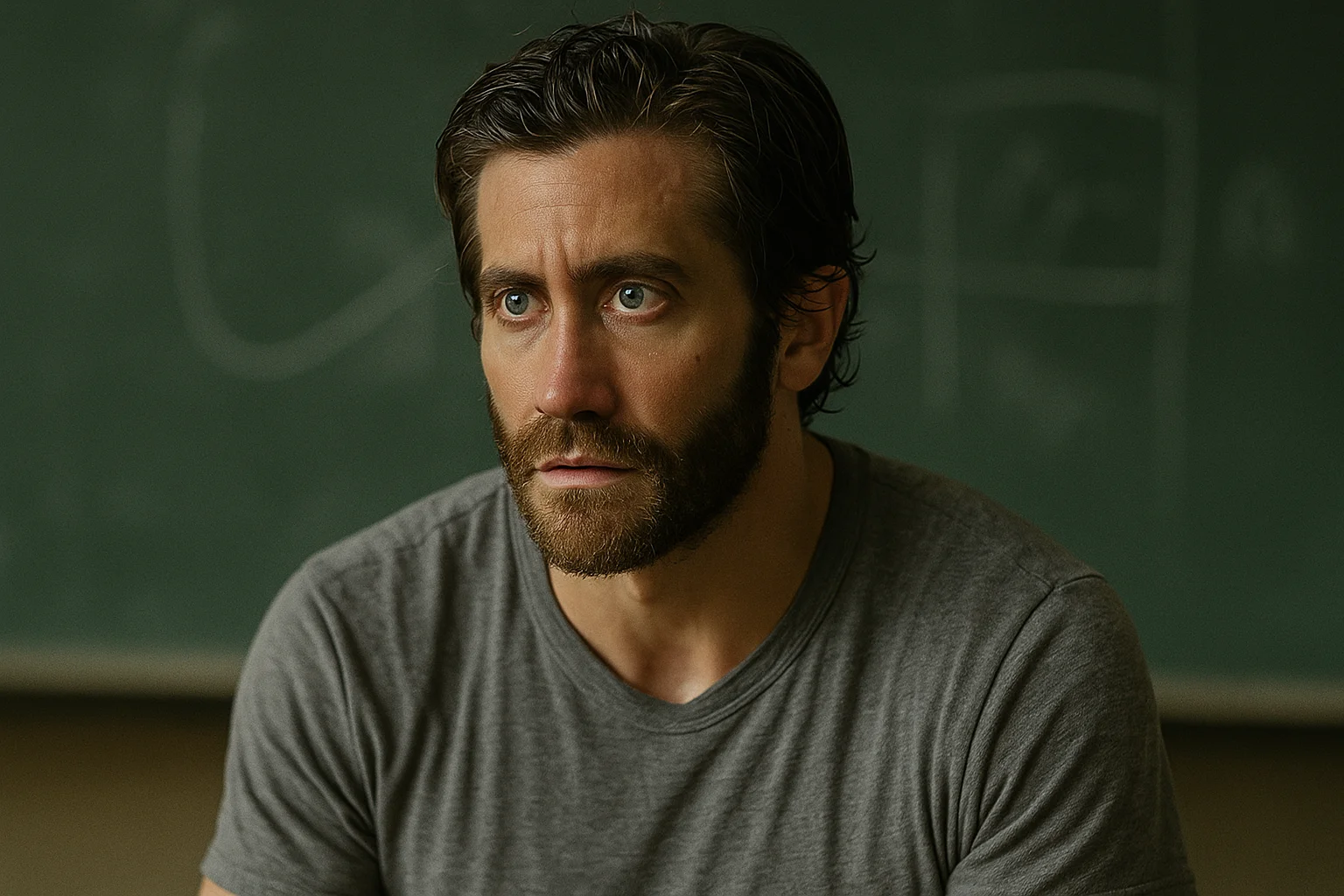 Jake Gyllenhaal looking intense in a gray t-shirt during a dramatic scene