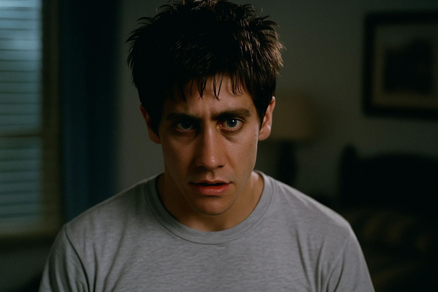 Jake Gyllenhaal portraying Donnie Darko in an intense scene, reflecting his emotional and psychological transformation